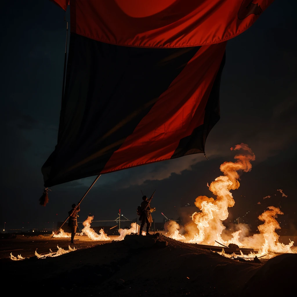 The flag of a given state should be bold and symbolic, reflecting its main features - endless struggle and perseverance. The flag must consist of black and red colors, which symbolize passion, danger and strength. The background of the flag should depict the bastion of the factory city, symbolizing his protection and steadfastness in permanent war. Fiery flames and rays of light should be depicted around the bastion, symbolizing struggle and hope for victory. This flag should be an icon for the residents of the state, reminding them of strength and resilience in difficult times.