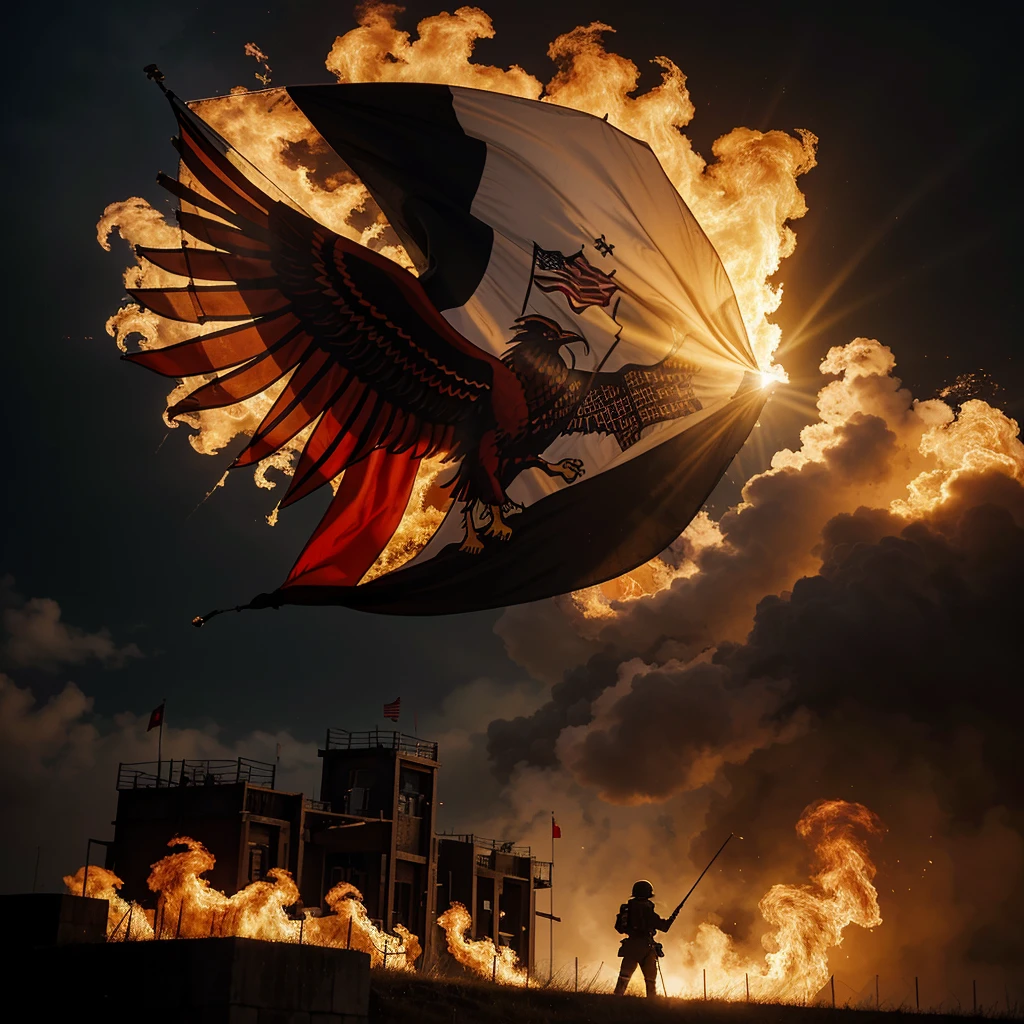 The flag of a given state should be bold and symbolic, reflecting its main features - endless struggle and perseverance. The flag must consist of black and red colors, which symbolize passion, danger and strength. The background of the flag should depict the bastion of the factory city, symbolizing his protection and steadfastness in permanent war. Fiery flames and rays of light should be depicted around the bastion, symbolizing struggle and hope for victory. This flag should be an icon for the residents of the state, reminding them of strength and resilience in difficult times.