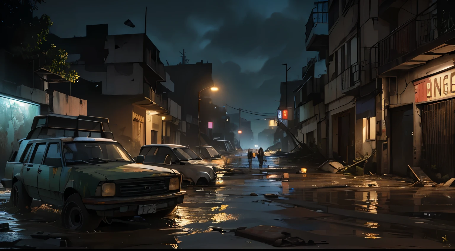 ((melhor qualidade)), ((Obra de arte)), ((detalhado)), Broken video games and Computers (PC) lying around everywhere. It's night, it's almost 1 a.m in a post-apocalyptic scenario, ruins of a city destroyed by floods, water and lame in the streets, RUST, VEGETATION and FUNGIS A LOT AROUND EVERYWHERE present