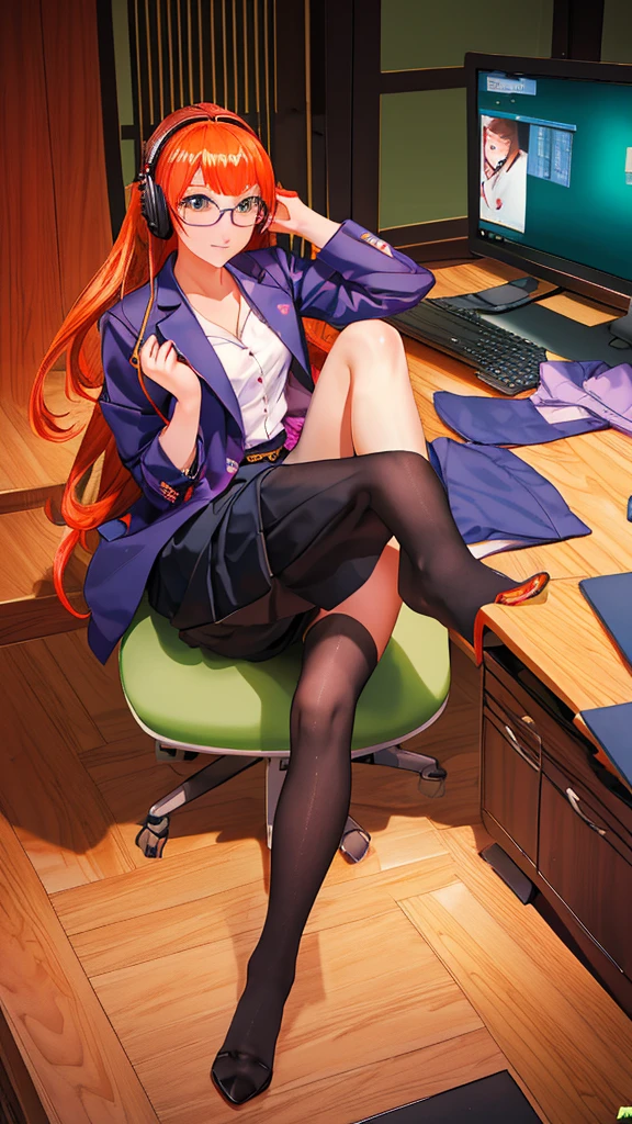 A woman is sitting in a chair with a laptop, 厳格な黒のWearing a business suit, sitting on the desk, In a strict suit, on the desk, Dressed in a strict suit, Japanese Goddess, Knee socks and skirt, She sat at the desk, Sitting at the table, Sitting at a desk, Wearing a business suit, Elegant legs, Facing forward seductively, Crossing your legs, sakura futaba, Orange Hair, Blunt bangs, Purple eyes, Violet Eyes, Glasses, White button-up shirt, Headphones, chic, Green jacket, Thick thighs