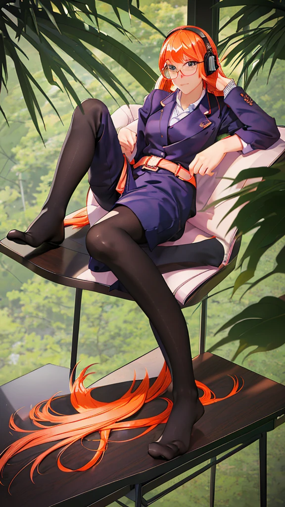 A woman is sitting in a chair with a laptop, 厳格な黒のWearing a business suit, sitting on the desk, In a strict suit, on the desk, Dressed in a strict suit, Japanese Goddess, Knee socks and skirt, She sat at the desk, Sitting at the table, Sitting at a desk, Wearing a business suit, Elegant legs, Facing forward seductively, Crossing your legs, sakura futaba, Orange Hair, Blunt bangs, Purple eyes, Violet Eyes, Glasses, White button-up shirt, Headphones, chic, Green jacket, Thick thighs