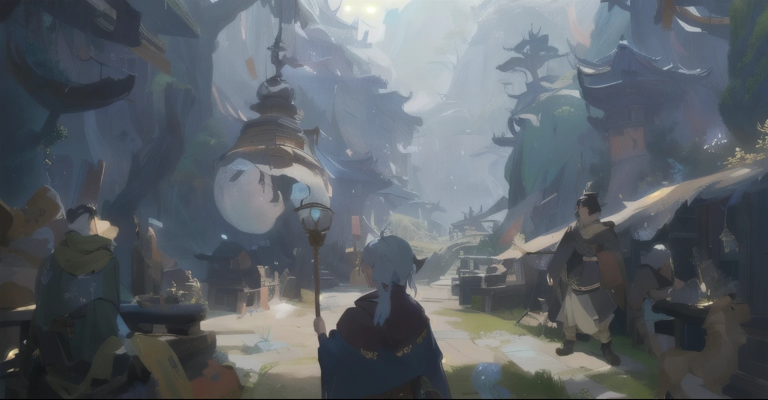 A man standing in a fantasy scene,Hold a stick in your hand, Concept Art, 魔幻 2D Concept Art, 丰富多彩的Concept Art, Beautiful screenshot art, 详细的数字Concept Art, 插图Concept Art, 魔法Concept Art, 屡获殊荣的Concept Art, Concept Art世界, Concept Art场景, 奇幻Concept Art, 专业Concept Art, 游戏Concept Art