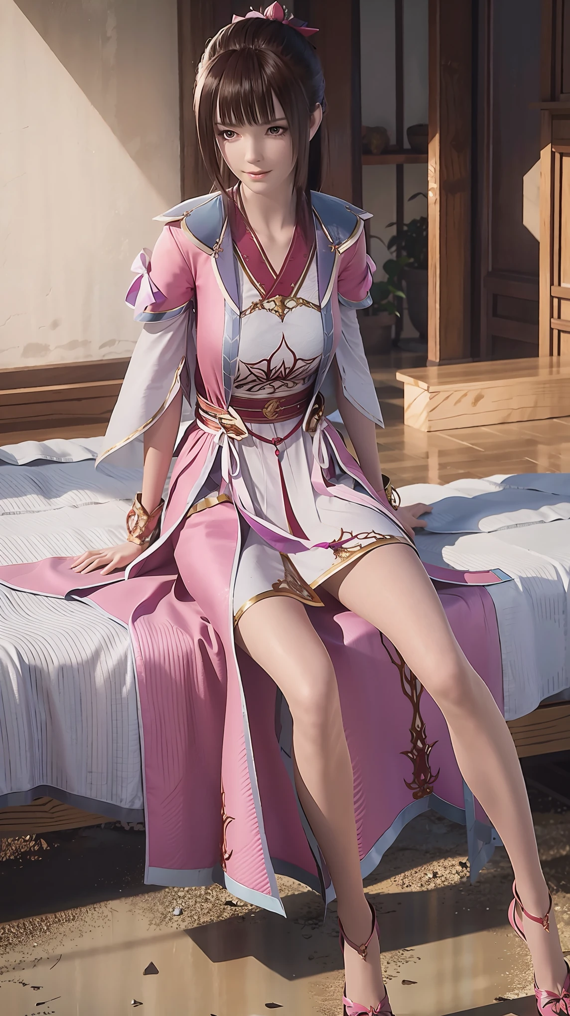 A beautiful young 16 year old girl lying on a pink bed, facing up with slightly raised legs, highly detailed, photorealistic, 4k, 8k, cinematic, full body, long legs, large breasts, lying on the bed, shoulders exposed, shoulder-length dress, head resting on pillow, fully reclined on the bed