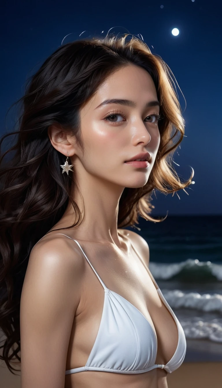 8k, masterpiece, RAW Photos, Highest quality, Realistic, Very detailed, Depth of written boundary, Cinematic Light, Anatomically correct body,
An elegant and beautiful mature woman,
Wavy black long hair, Very beautiful face, Exquisitely detailed face, Goddess-like deity々Beautiful, Glamorous Body, Very sensitive skin, Transparent white skin, Beautiful and bountiful breasts, Sexy ass, Sexy thighs,
White bikini swimsuit, Detailed cloth texture, Gorgeous necklace, Gorgeous earrings,
Starry sky background, Dark sandy beach at night, Pitch black sea surface,
Beautiful back view,