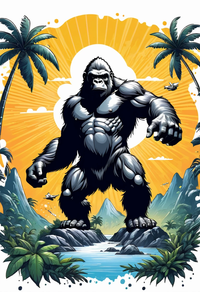 (((white background))), (((SPLASH ART))) intricately detailed t-shirt design ready for print , 2d, ONE HUGE black angry full body KING KONG in foreground Jungle mountains peeks sunset at the background, vibe detailed design for streetwear and urban style t-shirts design, pro vector, (cel-shading style:1.3), inkpunk, (ink lines:1.1), strong outlines, bold traces, high contrast, (cel-shaded:1.1), vector, 32k resolution, best quality,, flat lights,vector t-shirt art ready for print, intricate rich extremely complex ornaments illustration, extremely detailed and complex illustration, high detail, clean lines style, intricate high details, (((white plain background)))