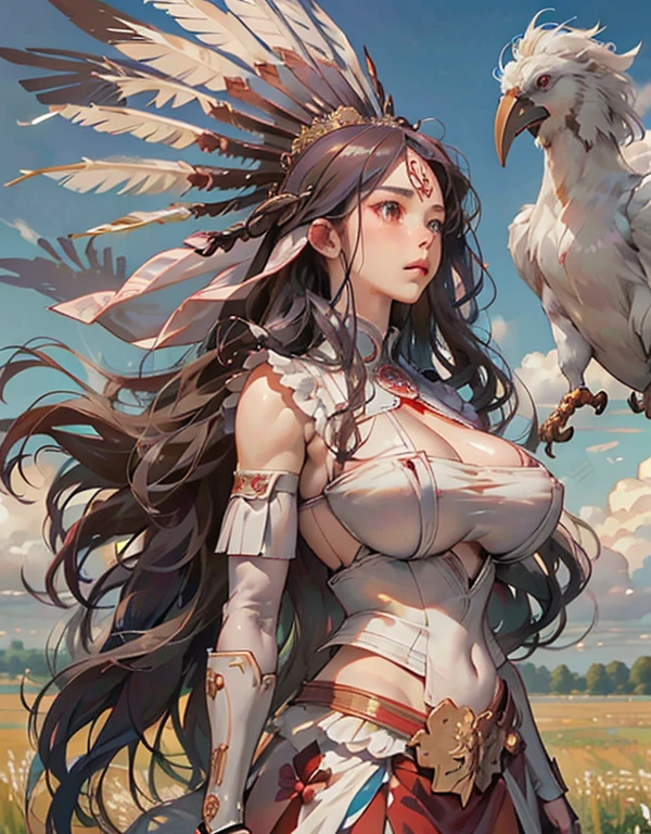 **typemoon style, wonderful, Miss, Primordial warrior, Native American Armor, Pale skin, Long wavy hair, Empty Expression. In the background, There is a huge primitive bird in the field(((Full and soft breasts,)))(((Large Breasts))) (((Cleavage))),