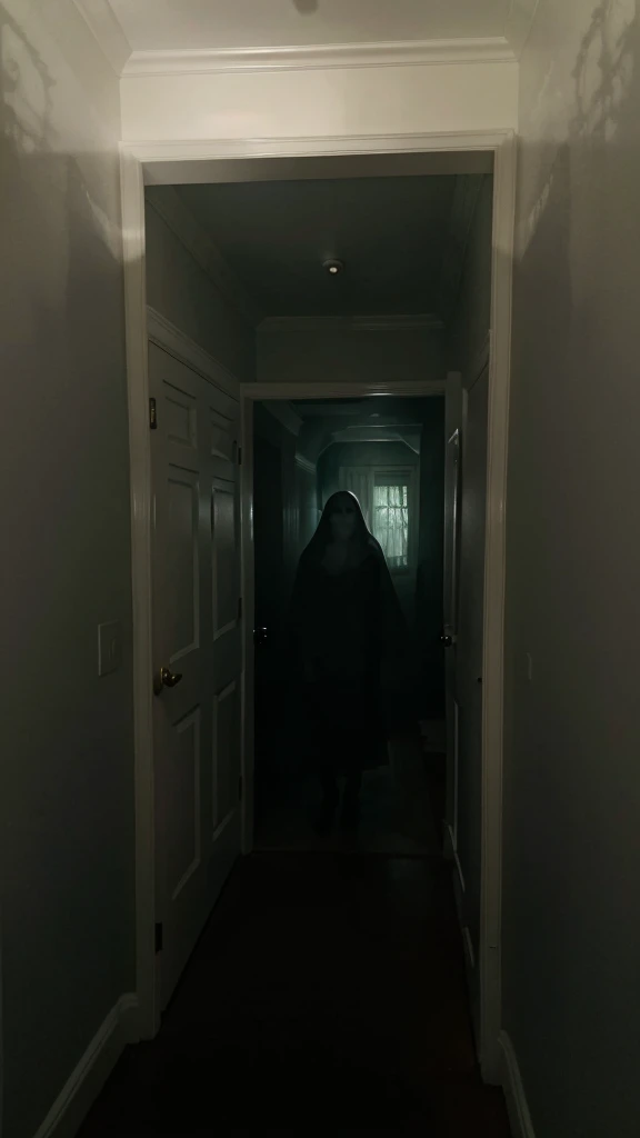 Ghostly Presence: Subtle hints of ghostly apparitions or shadows in the corners of the frame, creating a sense of being watched and adding to the chilling atmosphere."