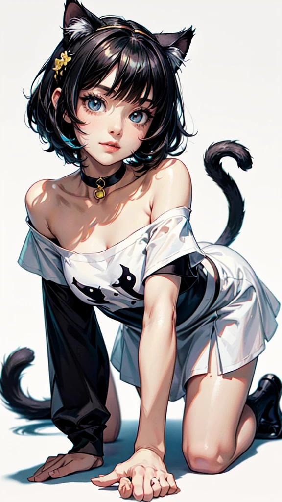 (highest quality, masterpiece, High resolution)、(anime art)、cinematic light、soft light、two girls、black hair、Black cat costume、White Cat Costume、Tabby cat costume、Striped cat costume、Persian Cat Costume、(3-color cat costume)、(loose t-shirt)、loose shirt、off shoulder、sexy mini dress、(Cat ear)、bob cut、semi-long、bun hair、hair ornaments、choker、Cute face details、enchanting smile、small breasts、whole body、(cat pose)、((crawl on all fours))、beckoning、playing、dance、Cat jarashi、Crackers popping、 Decoration、((white background))、
, detailed eyes, detailed hands, detailed face