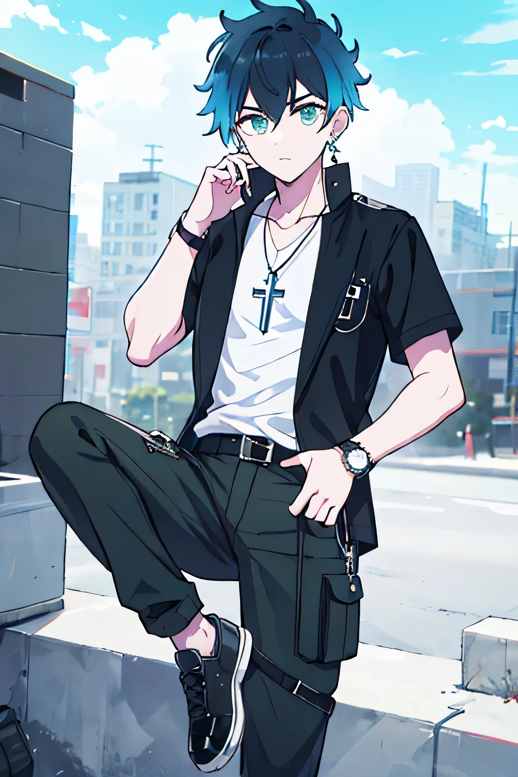 high resolution, animation style, cool guy, cute and handsome man, earring, cross necklace, beautiful watch, beautiful eyes, Dandy cut, precise hand, The right hand, Correct foot, Hip khaki cargo pants, Wear a belt, Black outerwear over white short-sleeved T-shirt, shoes that match pants, Colorful city backdrop