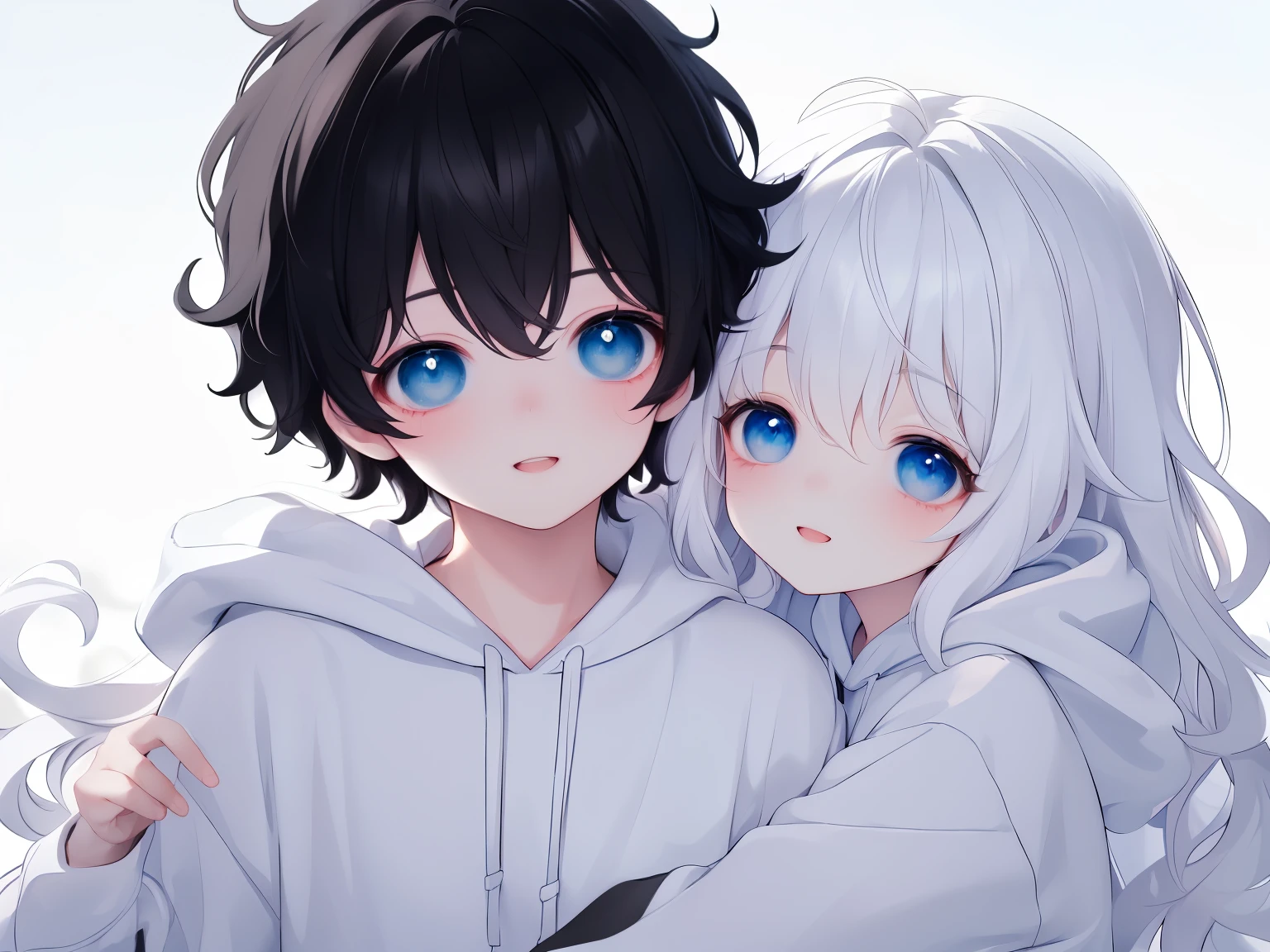 Masterpiece, Best quality, 8K resolution ，1womanl, ((wavy white long hair)), sweeping bangs, bluecolored eyes, Smile, Modern clothes, Embrace one ((Boy with white messy short black hair and black simple hoodie)) From the front，white backgrounid
