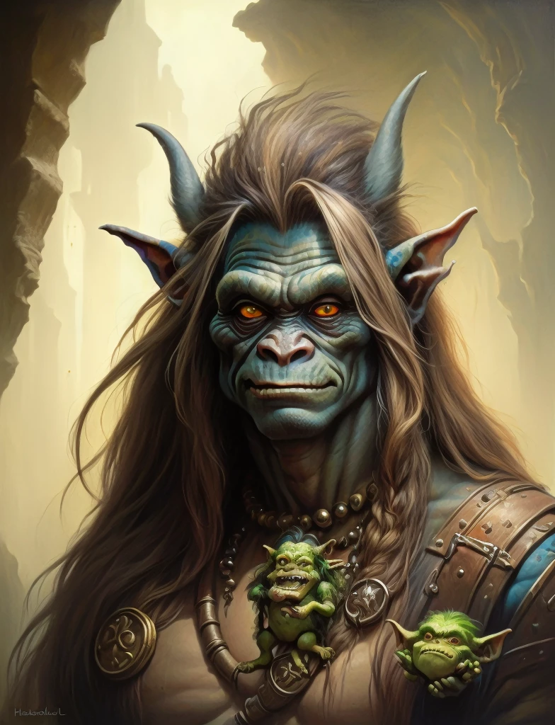 painting of a troll with a long hair and a big face, by Alex Horley-Orlandelli, by Alex Horley, by Todd Lockwood, troll, medium portrait of a goblin, humanoid monkey fantasy race, inspired by Alex Horley-Orlandelli, inspired by Alex Horley, portrait of a goblin, drak fantasy goblin