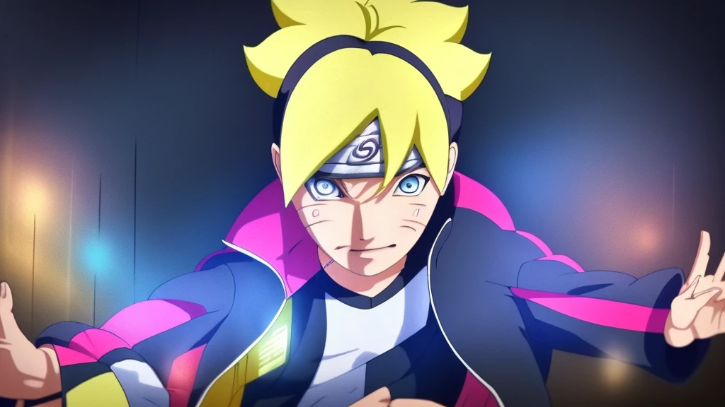 masterpiece, ultra-detailed, 1boy, male focus, upper body shot, Uzumaki Boruto wearing maroon Streetwear Hoodie, yellow hair, Blue eyes, look at viewer, happy face, vibrant colors, cityscape background, dinamic lighting, highly detailed face, stylish, urban style, cool attitude, bokeh, FLOREST background,
