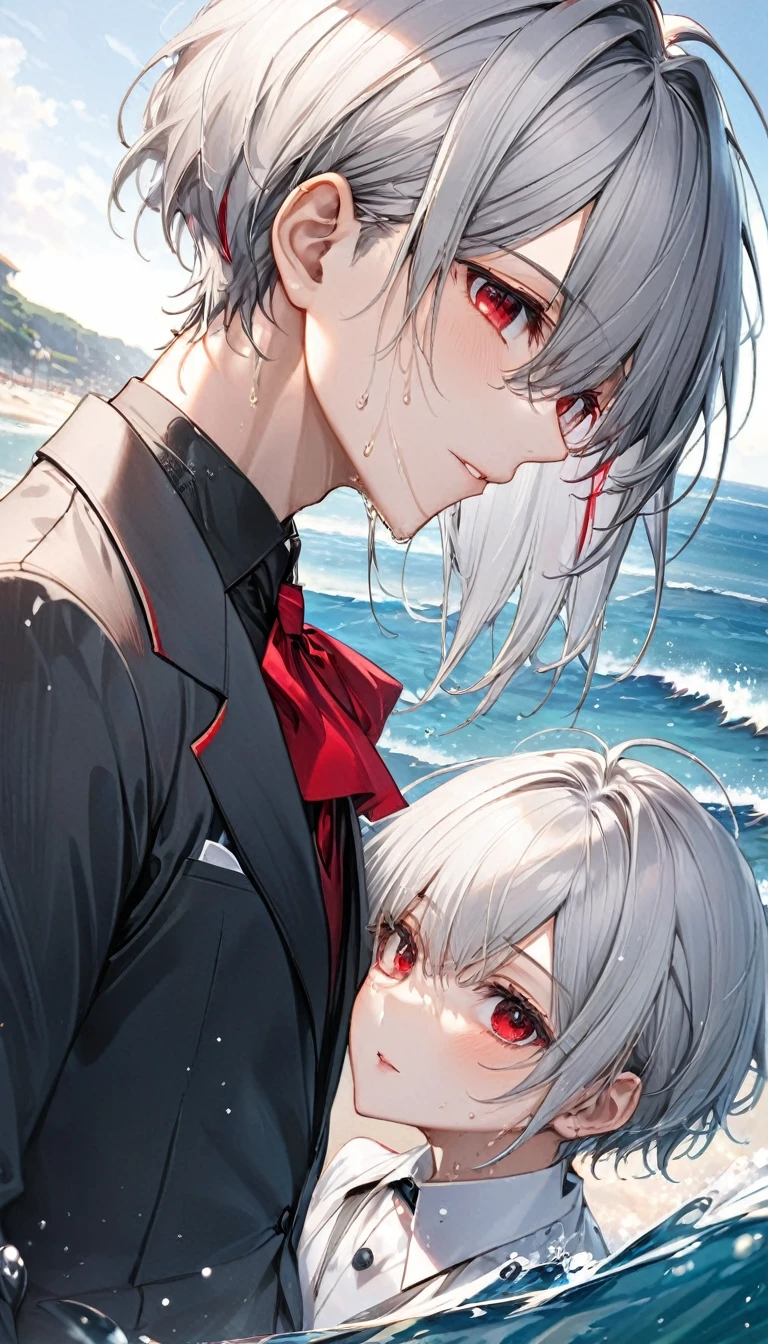 (profile:2), (love style) ((16 yo)), (solo:2 crew cut silver hair very short hair divine cool boy, serious red eyes, sweaty skin), break, (in a butler suit), break, (in the open ocean view beach), (background detailed ocean), BREAK, perfect anatomy, masterpiece, best quality, 16k, beautiful detailed grow, daydreaming expression.