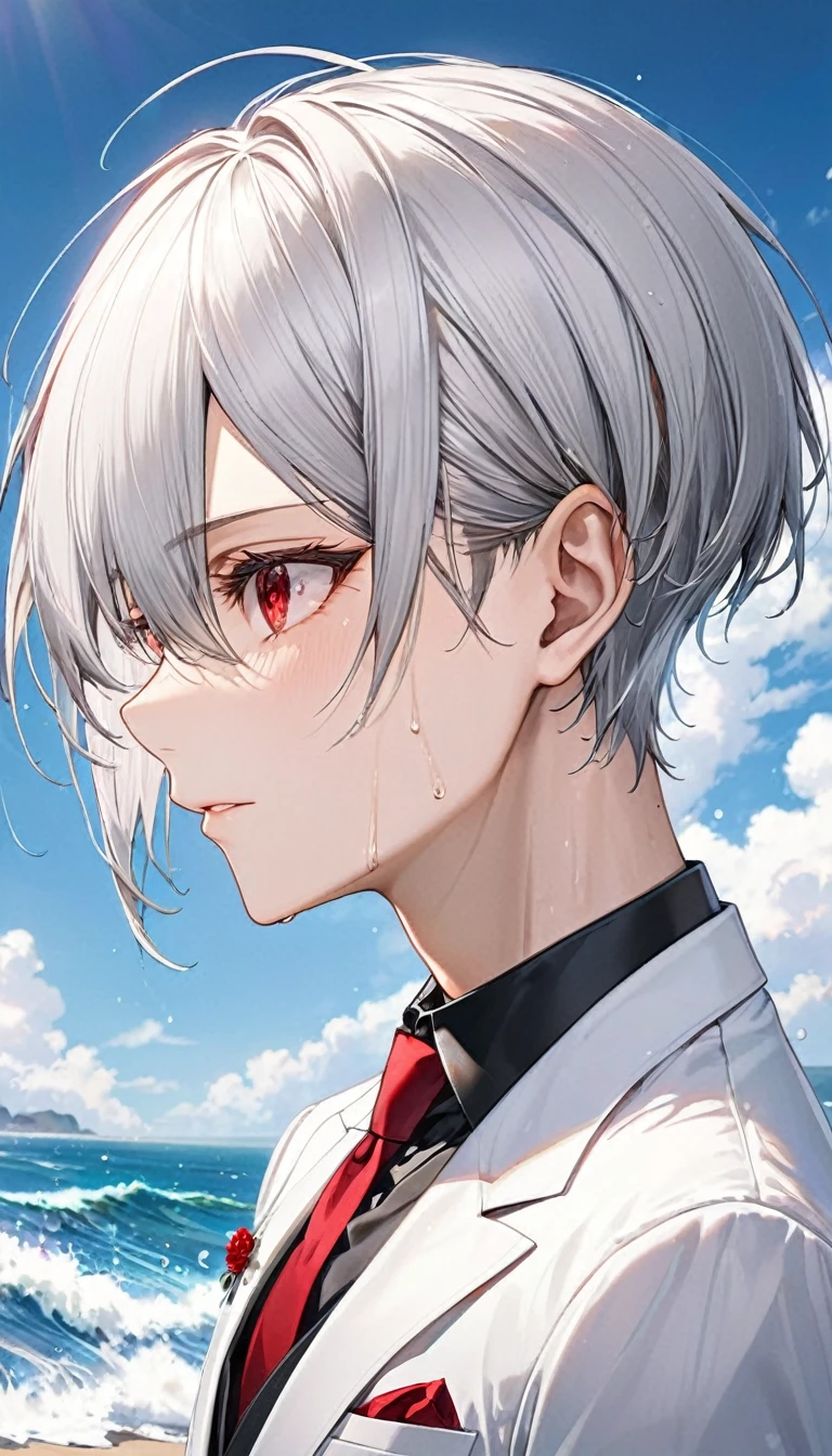 (profile:2), (love style) ((16 yo)), (solo:2 crew cut silver hair very short hair divine cool boy, serious red eyes, sweaty skin), break, (in a butler suit), break, (in the open ocean view beach), (background detailed ocean), BREAK, perfect anatomy, masterpiece, best quality, 16k, beautiful detailed grow, daydreaming expression.