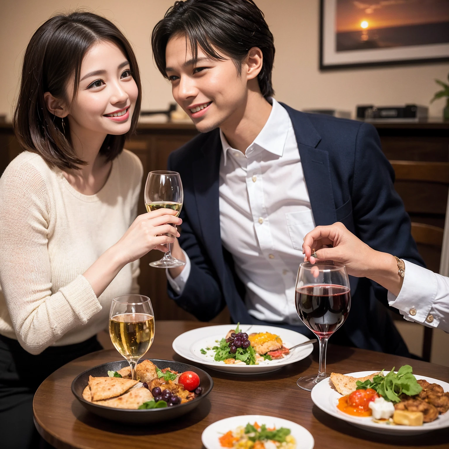 ((Highest quality、8k、masterpiece:1.3))、 (Genuineistic, Genuine、Bright image、Intricate details:1.2), 最高のsmile、1 male,1 female、Beautiful couple、spouse、Satomi Ishihara-like lover、Good friend、actress couple、smile、Full-course dinner at a packed table、 (Slim face), (the body is slim), (Brown Hair), (short hair), テーブルのwine glass、Please shine a light on my face、 Amazing view of the sunset sky and clouds、 (33 years old)38 years old, red wine 、Appetizers、Wine bottle、sparkling wine、Long sleeve shirt、dress、White wine, red wine, wine glass, 