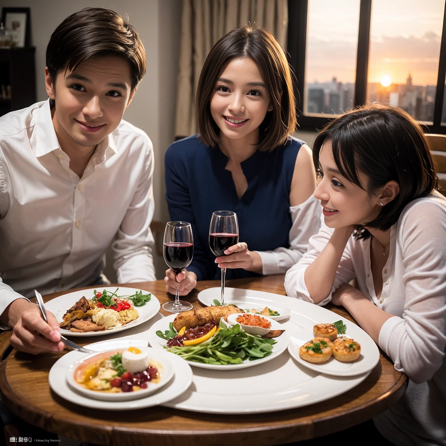 ((Highest quality、8k、masterpiece:1.3))、 (Genuineistic, Genuine、Bright image、Intricate details:1.2), 最高のsmile、1 male,1 female、Beautiful couple、spouse、Satomi Ishihara-like lover、Good friend、actress couple、smile、Full-course dinner at a packed table、 (Slim face), (the body is slim), (Brown Hair), (short hair), テーブルのwine glass、Please shine a light on my face、 Amazing view of the sunset sky and clouds、 (33 years old)38 years old, red wine 、Appetizers、Wine bottle、sparkling wine、Long sleeve shirt、dress、White wine, red wine, wine glass, 