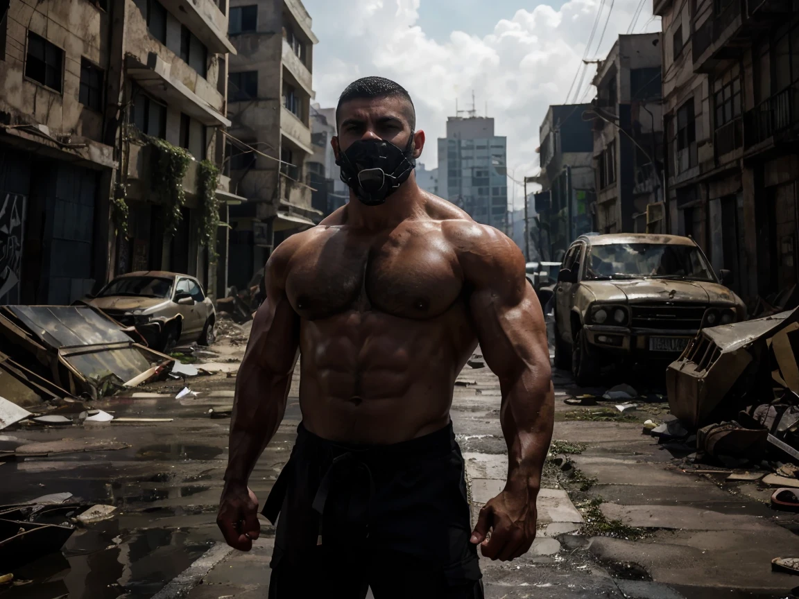 A very muscular man with a strong build. He has a well-defined jaw and a serious expression, doesn't look at the camera. Su piel es clara, y tiene barba corta. karateka, pose de karateka, pants, chaqueta gruesa abierta mostrando su torso bien definido, hermoso rostro,lleno de luz,Una mirada decidida, corte militar, ruso, apocalyptic city background, luchando contra zombies, punches against zombies, sneaker mask, gafas de sol, torso peludo, cara mirando a otro lado, no background vacío