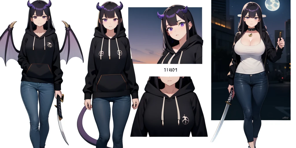 Beautiful woman, badass, sexy, holding katana, collar with bell around her neck, black jeans on her, black hoodie jacket on her, black and purple striped shirt under her hoodie, purple and black hair, dragon tail, dragon wings, black horns on head, large boobs, shy expression, standing up, moon in background, outside, purple eyes, HD, 1080p, perfect quality, hyper realistic, detailed