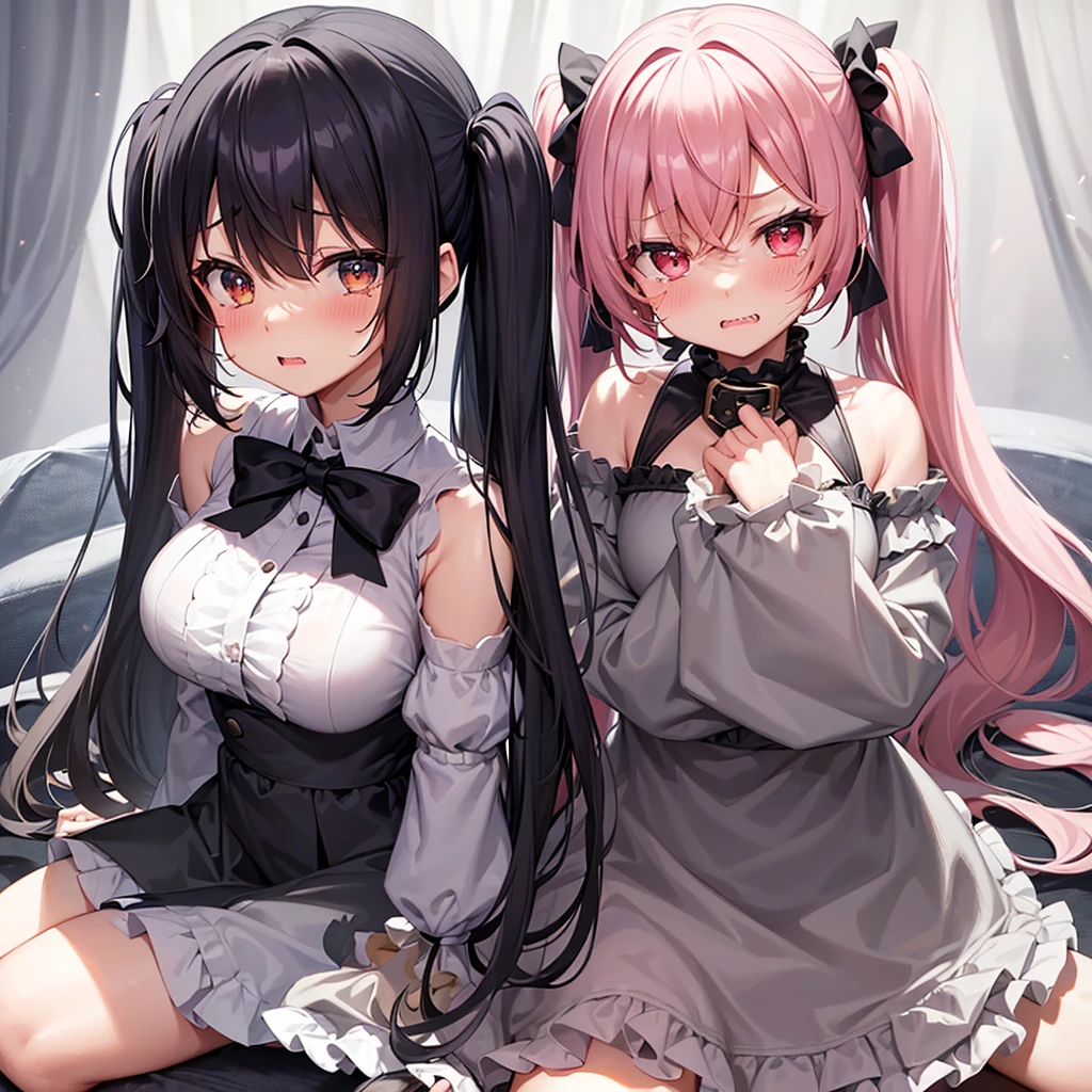 One girl, 一人in, blush, Black Hair, dress, bow, Twin tails, Cowboy Shot, teeth, No sleeve, Underarm, Hair on one eye, Grin, black bow, low Twin tails, sharp teeth, short Twin tails, In-person audience, beautiful, sad, Sulky, Irritation, Disgust, shy, fear, Tears in my eyes, Are crying, Sobbing, Tears, Tears flow, Wipe away the tears, Sobbing, Frowning, Frowningをする, Embarrassing, Blushed, Flushing, Blushed cheeks, Blushed face, Shy, Embarrassing, blushing, Glare, seiza, Sitting on the floor, in , Heartwarming scene, this, cute, cute, beautiful, Dream Core, Happy Core, hazy inmosphere, light inmosphere, gothic inmosphere, romantic inmosphere, Classic Academia, Fairy Academia, Romantic studies, 明るくカラフルな世界in, whole body, 