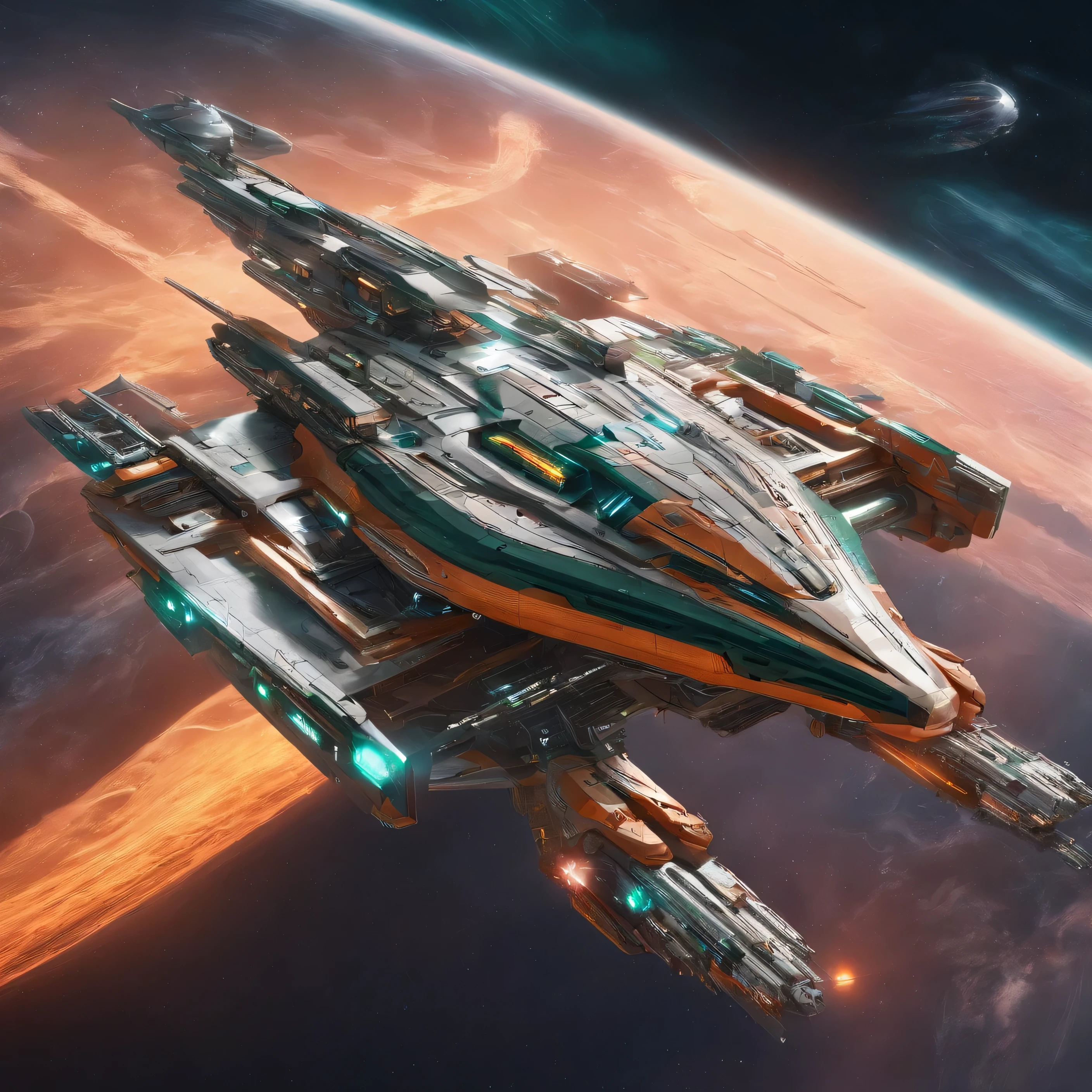 A stunning 3D render of a futuristic spaceship merging the iconic elements of J. Michael Straczynski's G'Quan Heavy Cruiser and a metallic green Mack Truck cargo hauler. The spaceship is a massive frigate with a sleek, ultramodern design, featuring a blend of metallic gold, dark vermilion, peach red, and a Renaissance Catholic Cross-inspired emblem. The spaceship floats in the vastness of space, juxtaposed against the backdrop of a massive space station, reminiscent of Larry Niven's style. The station is a colossal factory shipyard with a blend of dark beach orange and metallic accents, creating a stunning contrast against the blackness of space. The overall ambiance of the scene is cinematic and realistic, immersing the viewer in a breath, 3d render, cinematic.