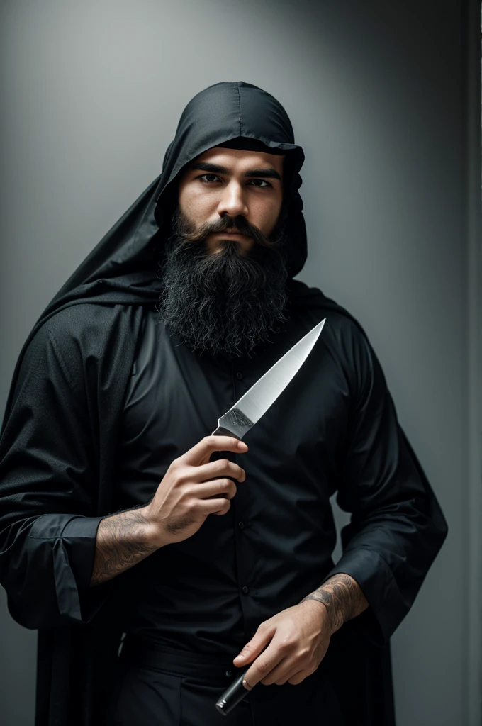 Veiled man with a knife and a beard
