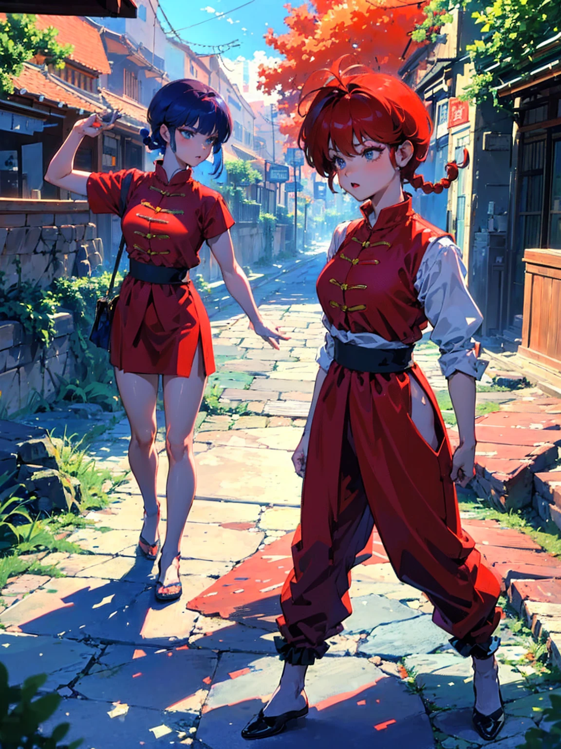 ((masterpiece:1.4)), expensive quality, very_expensive_solve, big_file size, Full Color, Thick outline, Clear contours, colorful, (Beautiful fine details, Are thin:1.4), ((Beautiful Face:1.0)), ((Boyish face:1.4)), 1 girl, (Ranma), (Redhead), short hair, (Braided Ponytail), ((bangs)), bumpy bangs, Blue-gray eyes, Big Breasts, Curvy, Ranma, Braided Ponytail, (Red Chinese Clothing, Short sleeves in red), No sleeve, Tangzhuang, Black trousers, Are standing, ((, Are thin:1.4)), ((from the front:1.4)), Are thin:1.4
