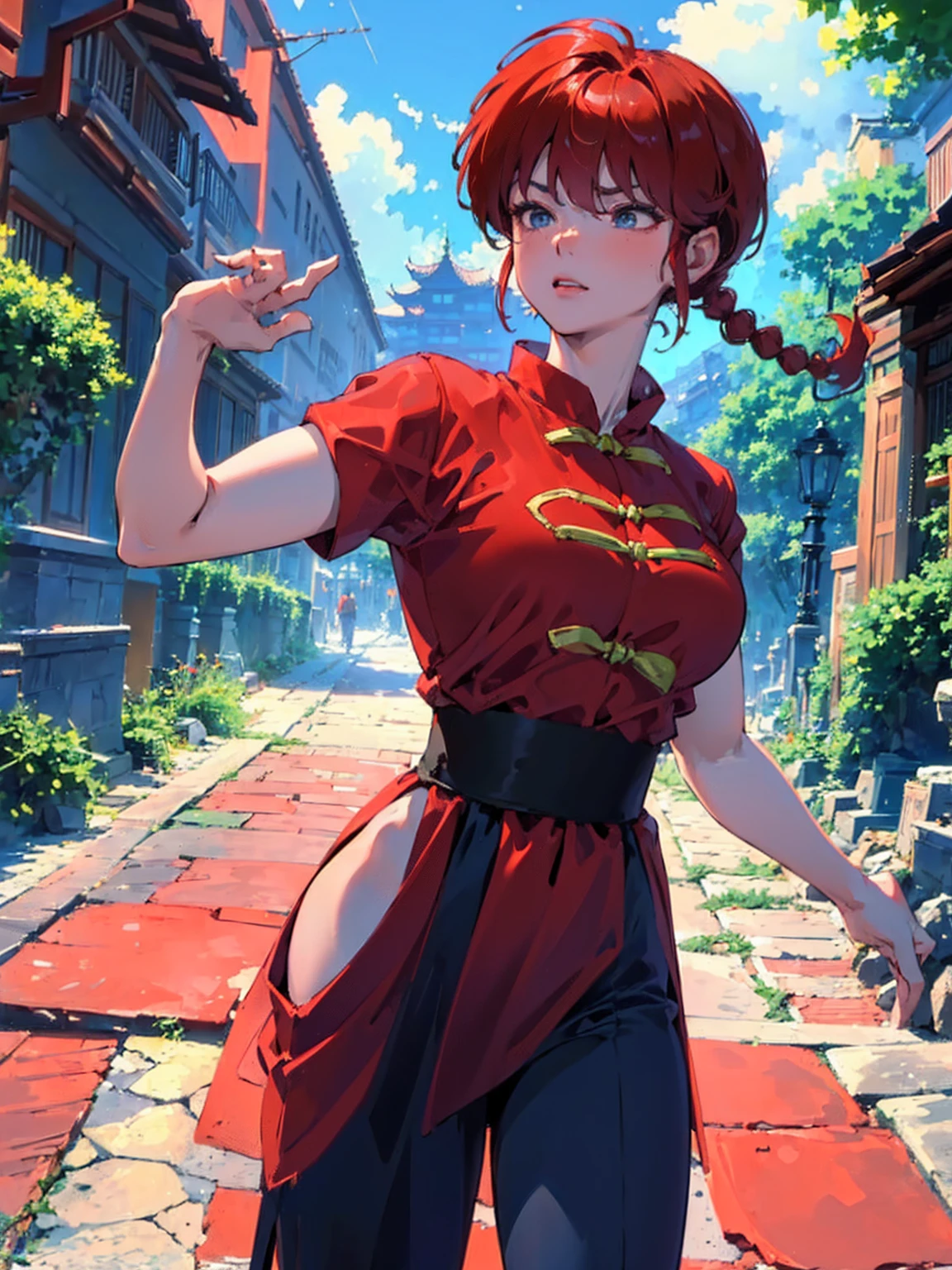 ((masterpiece:1.4)), expensive quality, very_expensive_solve, big_file size, Full Color, Thick outline, Clear contours, colorful, (Beautiful fine details, Are thin:1.4), ((Beautiful Face:1.0)), ((Boyish face:1.4)), 1 girl, (Ranma), (Redhead), short hair, (Braided Ponytail), ((bangs)), bumpy bangs, Blue-gray eyes, Big Breasts, Curvy, Ranma, Braided Ponytail, (Red Chinese Clothing, Short sleeves in red), No sleeve, Tangzhuang, Black trousers, Are standing, ((, Are thin:1.4)), ((from the front:1.4)), Are thin:1.4