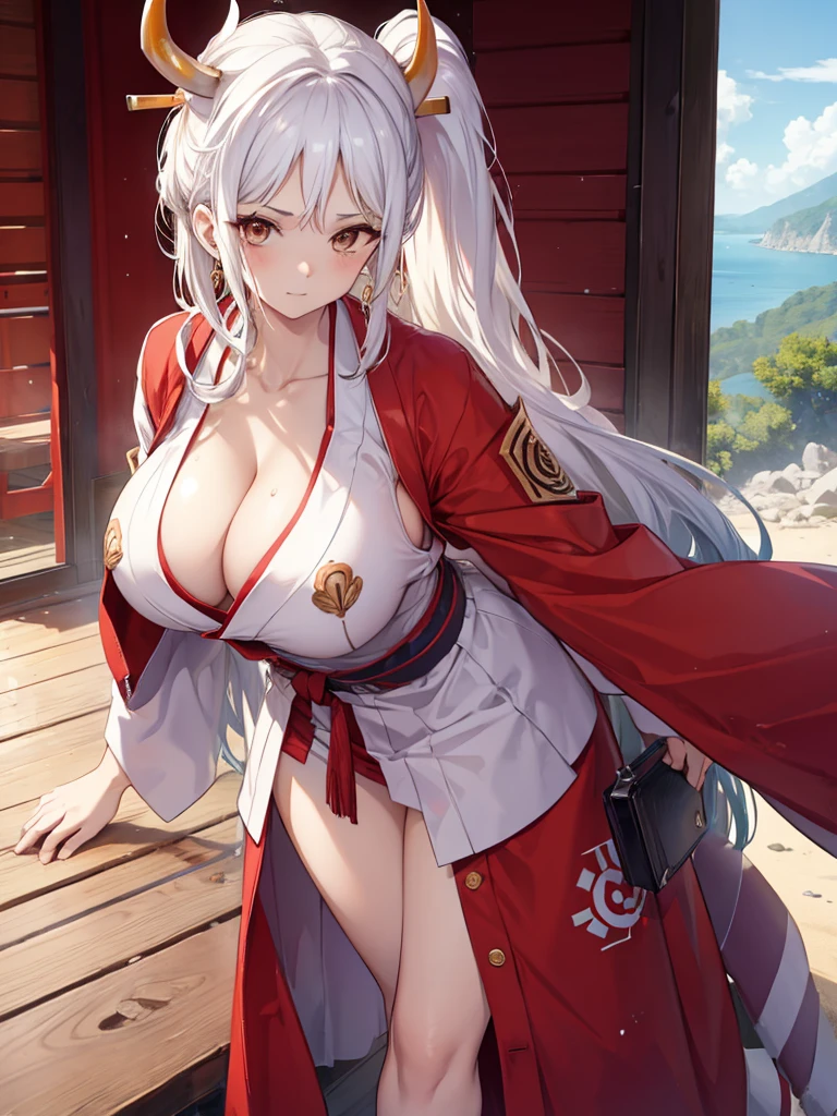 yamato, white hair, brown eyes, (leaning forward), (cleavage), (downblouse),