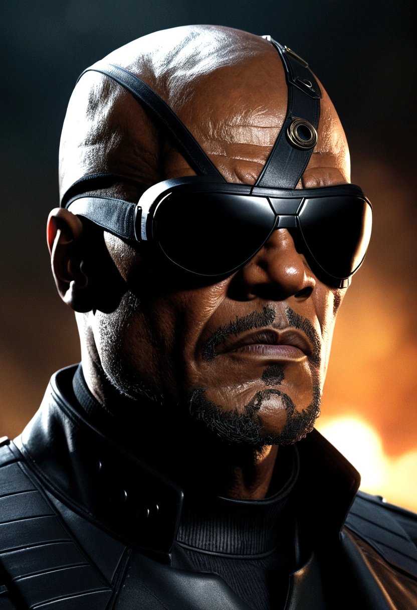 a highly detailed portrait of Nick Fury, Marvel superhero character, wearing an eyepatch, intricate facial details, intense gaze, serious expression, black leather outfit, military style, cinematic lighting, dramatic shadows, realistic textures, hyper-detailed, high resolution, 8k, photorealistic, concept art style