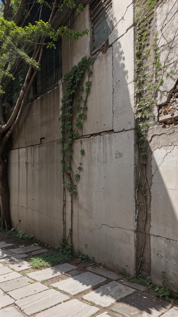 Nature Reclaiming: Trees and plants growing through cracks in the pavement and walls, symbolizing nature's slow but inevitable reclamation of the city.