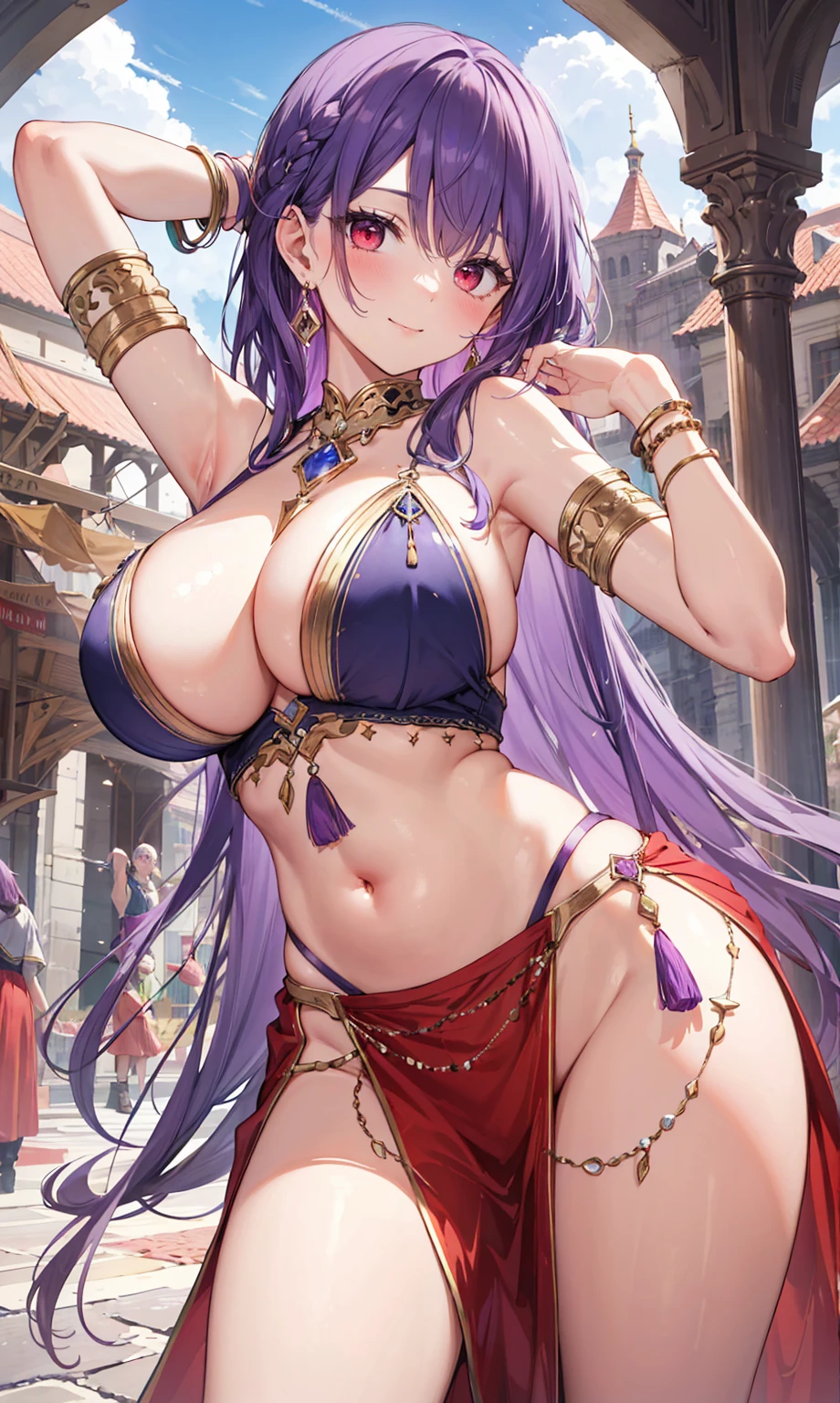 high quality, ultra detailed, best quality, insanely detailed, beautiful, masterpiece, 1girl, medieval plaza, cowboy shot, red eyes, long hair, purple hair, belly dancer, circlet, earrings, armlets, bracelets, bashful smile, large breasts, cleavage, soft stomach