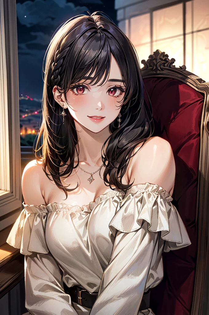 (masterpiece:1.3, Highest quality), Ultra-high resolution, Super detailed, (Realistic, photoRealistic:1.4), Beautiful illustrations, Perfect lighting, colorful, Depth of written boundary,
View your viewers, (Face Focus, Upper Body), 1 Girl, alone, Beauty Witch, (Large Breasts:0.8, Big Ass, Captivating thighs, Skin Dentition),
(Mid-length hair:1.2, Straight hair:1.2), Black Hair, bangs, braided bangs, Brown eyes, Droopy eyes, Part your lips, Shiny skin,
Beautiful Hair, Beautiful Face, Highly detailed face, Beautiful attention to detail, Beautiful clavicle, Beautiful body, Beautiful breasts, Beautiful thighs, Beautiful feet, Beautiful fingers,
(Detailed cloth texture, (Long sleeve ruffle off-shoulder orange shirt), High waist grey tight skirt, belt), garnet necklace,
(Beautiful views), night, (Shoulder strap, Modern), (Chair), (A seductive smile),