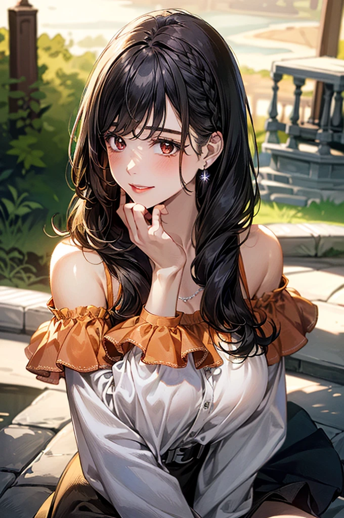 (masterpiece:1.3, Highest quality), Ultra-high resolution, Super detailed, (Realistic, photoRealistic:1.4), Beautiful illustrations, Perfect lighting, colorful, Depth of written boundary,
View your viewers, (Face Focus, Upper Body), 1 Girl, alone, Beauty Witch, (Large Breasts:0.8, Big Ass, Captivating thighs, Skin Dentition),
(Mid-length hair:1.2, Straight hair:1.2), Black Hair, bangs, braided bangs, Brown eyes, Droopy eyes, Part your lips, Shiny skin,
Beautiful Hair, Beautiful Face, Highly detailed face, Beautiful attention to detail, Beautiful clavicle, Beautiful body, Beautiful breasts, Beautiful thighs, Beautiful feet, Beautiful fingers,
(Detailed cloth texture, (Long sleeve ruffle off-shoulder orange shirt), High waist grey tight skirt, belt), garnet necklace,
(Beautiful views), night, (Shoulder strap, Modern), (Chair), (A seductive smile),