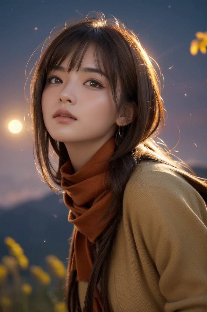 (RAW Photo, Best Quality), (Realistic, Photo Realistic: 1.3), Best Quality, Highly Detailed, Masterpiece, Ultra Detailed, Illustration, 1 Girl, upper_body, Dynamic Angle, Extremely Detailed CG Unified 8k Wallpaper, Ink, Amazing, Movie upper_body, Dynamic Angle, World Mastery Theater, messy_long_hair, Best Quality, Extremely Detailed CG Unified 8k Wallpaper, Ink, Amazing, Movie Lights, lens_flare, dunhuang_style, Detailed Face, Beautiful Rendering of Tang Dynasty, (Deliberate expression: 1. 5), Standing in a flower field, (Looking up at the stars: 1.2), Fireflies, Scarf floating , sony master shot, woman posing for photo in front of tv, inspired by Fei Danxu, brown hair and bangs, hi-res screenshot, nicovideo, normal hands, vivid colors, full face shot of limur tempest, nice studio lighting, vhs screenshot, beautiful fine face