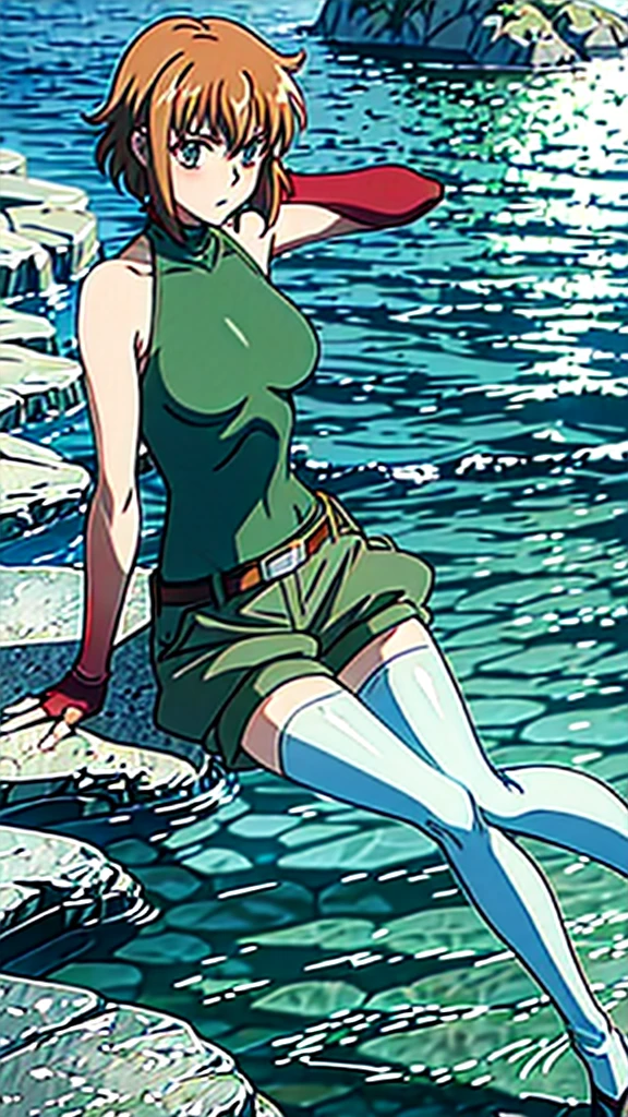 fingerless gloves, green shorts, belt, white thighhighs, sleeveless turtleneck, red leotard,water gun