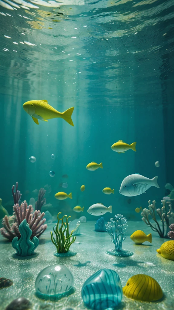 A wallpaper of pastel colors, soft velvet, glass figures, underwater view of the surface, soft green and yellow glistening texture 