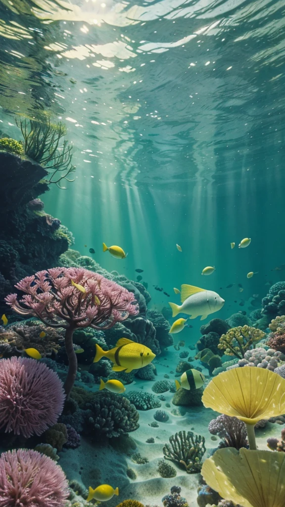 A wallpaper of pastel colors, soft velvet, glass figures, underwater view of the surface, soft green and yellow glistening texture