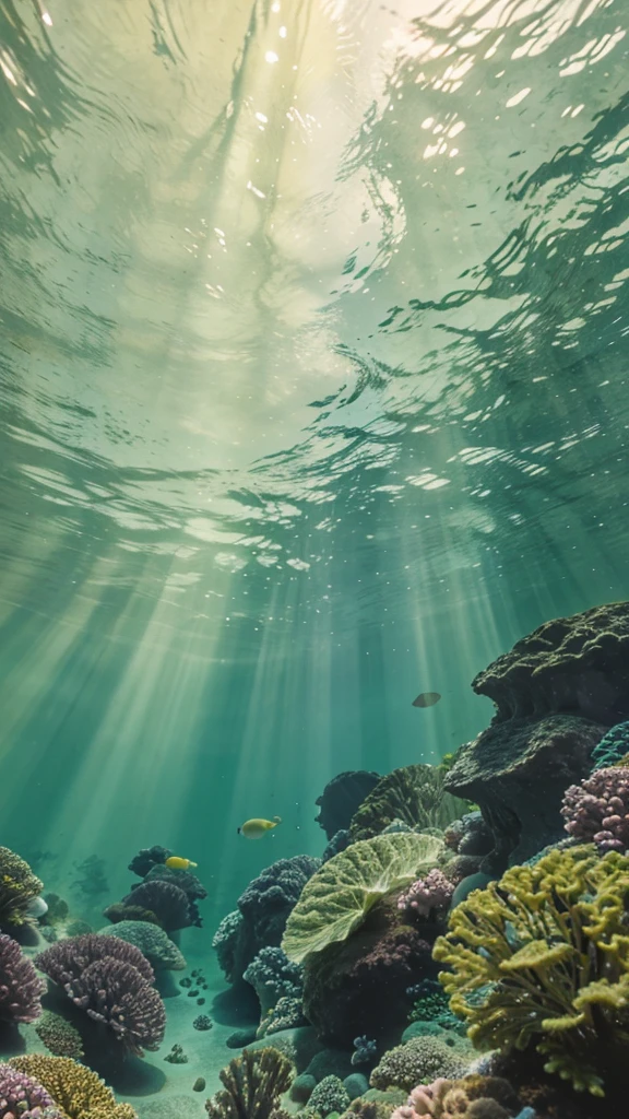 A wallpaper of pastel colors, soft velvet, glass figures, underwater view of the surface, soft green and yellow glistening texture
