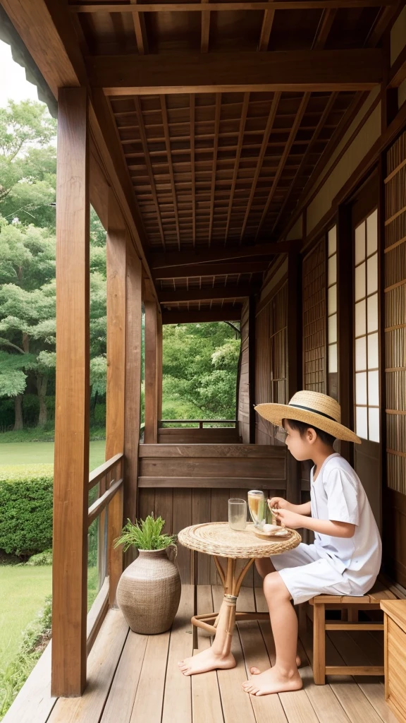 Japanese-style house、countryside、Summer vacation、A boy wearing a straw hat is sitting directly on the veranda, drinking barley tea and cooling off.。It's dark inside the house、Blinds、Glass wind chime 1、1 electric fan、There is only one fan。Outside, there are mountains in the distance、cumulonimbus、field、light truck、Sunflower visible。Low angle from behind、Please draw it in real life