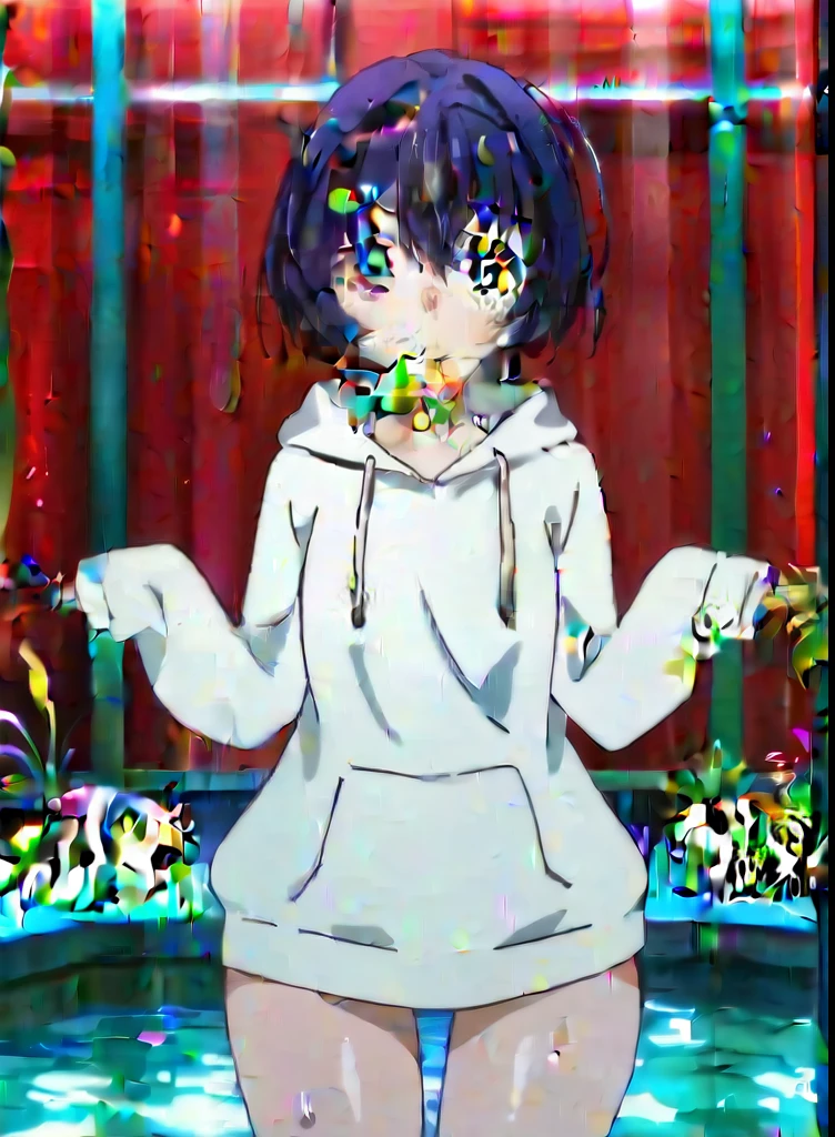 score 9, score 8 up, score 7 up, rating questionable,
Aquarium background,
Yumeno Kyusaku,
wide hips, shiny skin,
Hoodie,
happy,