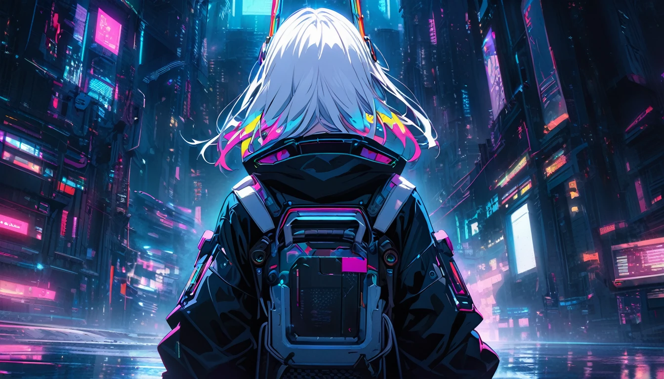 Handsome cute, Solitary, 1 female, Medium Length Hair, white hair, Rainbow hair, blue Eyes, Rainbow headphone, white food, Futuristic, Cyberpunk, Cybernetics panoramic, in the night, from behind