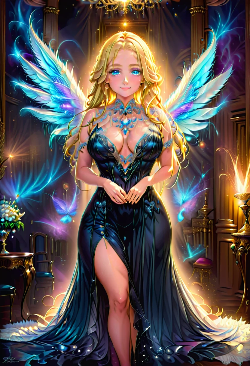 Arafed, a picture of a female angel in high society prom event, divine beautiful female angel, blond hair, long hair, flowing hair, the hair glows in a soft light, cerulean eyes, deep light eyes, divine beautiful face, folded white feather wings, she wears a black evening dress, elegant, intricate detailed dress, silk dress, she wears elegant high heeled boots, exquisite high heeled boots, high society prom room background, dynamic angle, soft torch light, (Masterpiece: 1.5), 16k, highres, best quality, high details, ultra detailed, masterpiece, best quality, (extremely detailed), AngelStyle, GlowingRunesAI_paleblue