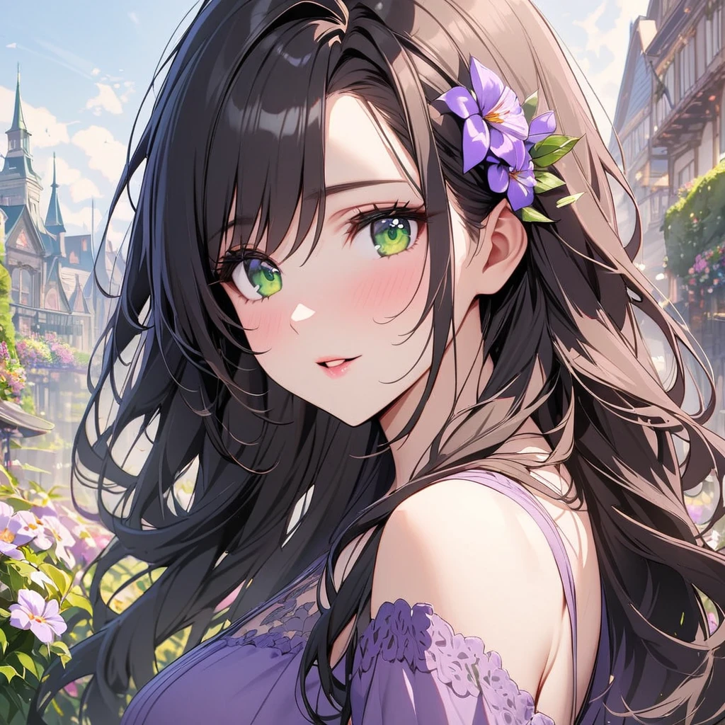 girl, beautifull, pretty, long hair, mature woman, beautiful purple dress, black hair, green eyes, super detail, flower on hair, gorgeous, beautiful backround, angel, beautiful eye,