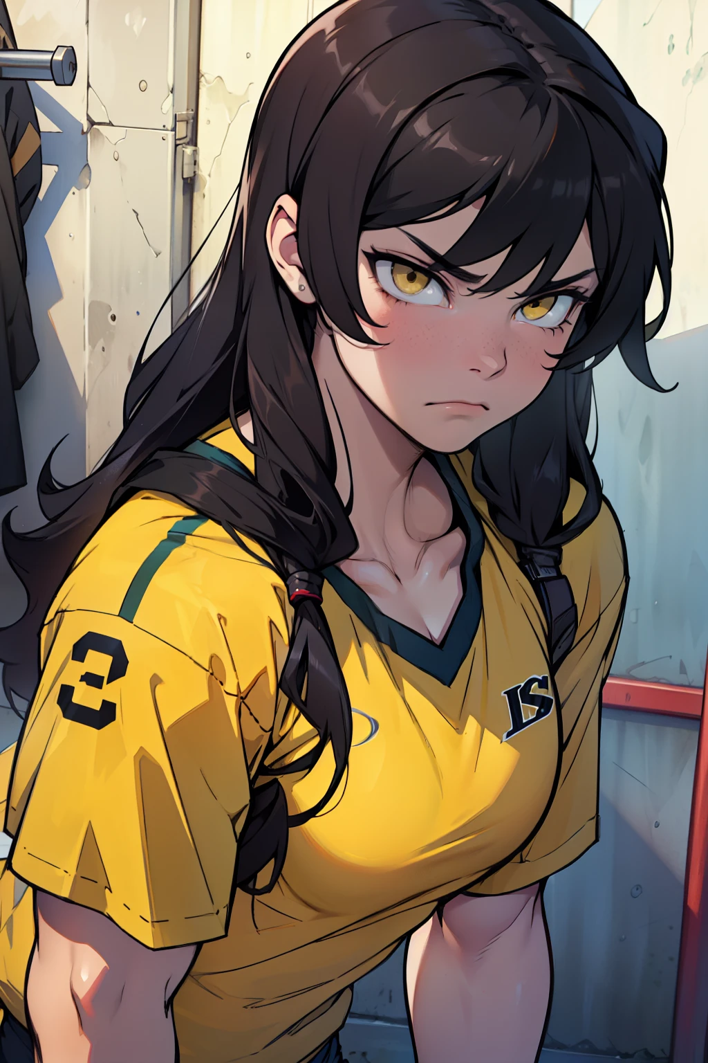 muscular girl small breasts thick thick thick thick thick black hair yellow eyes pale skin disappointed sad frown athletic female