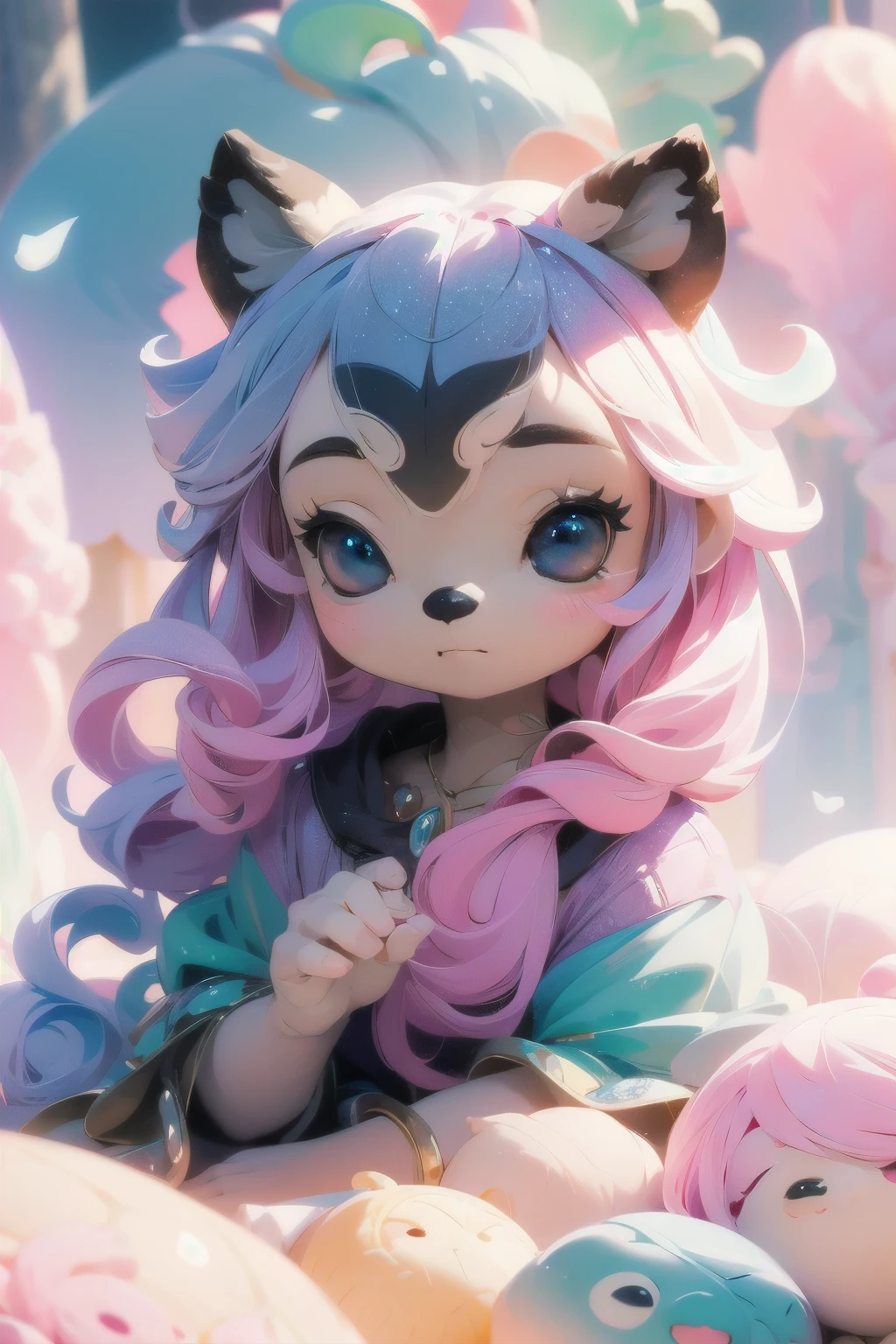 Cute raccoon in a surreal, dreamy fantasy scene、Detailed digital illustration、8K、Very detailed、Very realistic、Photorealistic、Bright colors、Dramatic lighting、Intricate details、Whimsical、magical realism、Soft pastel tones、Shine、Ethereal、Mysteriouysterious、Imaginative、Conceptual