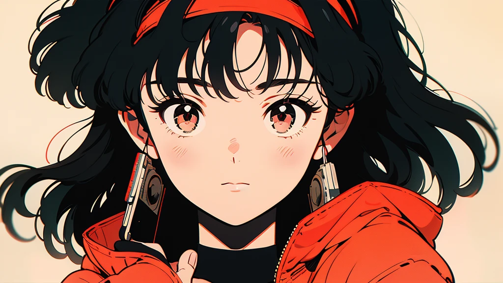 A picture of a girl in anime style holding a cassette tape. The girl has big eyes, black hair, and wears a red hairband. The cassette tape is red and she holds it up in front of her face. The background is simple and the main focus is on the girl and the cassette tape.