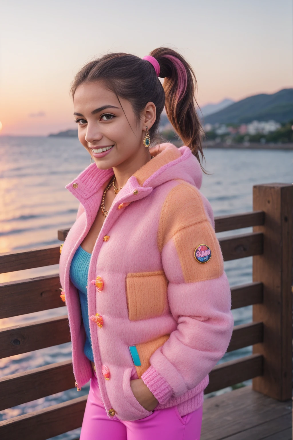 Half-length glamour portrait, nikon D850, f1.6 lens, 200mm, DSLR, 22 Megapixels, (((Sunset over the sea scene))), shot of a stunning 20 years old portuguese girl, (smile:1.4), (wearing Bubblegum pink puffer jacket with multicolored cargo pants and wool sweater:1.6), ((seductive pose)), hot girl, (((big natural breasts))), (((brown ponytail hair))), (small girl), symmetrical face, photorealistic, photography, (bright natural lighting), gorgeous, deep cleavage, (masterpiece), best quality, high resolution, extremely detailed, cinematic lighting, (((very narrow waist))), rich colors, hyper realistic, lifelike texture, ((jewelry)), (((She has beautiful hands and wears rings))), (bracelet), (necklace), (ankle chain), (nail polish) (earrings), Fuji Superia 200, 8k
