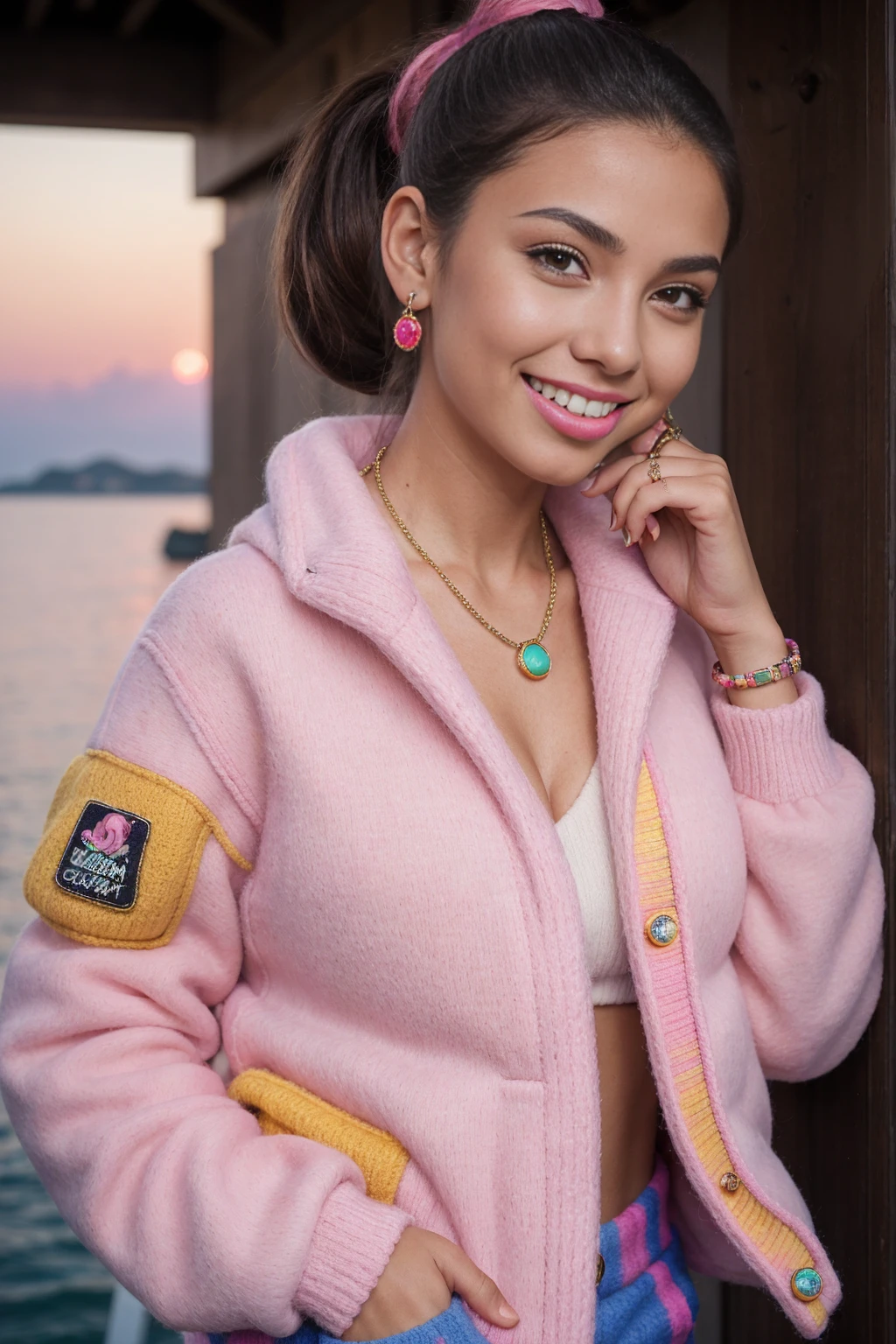 Half-length glamour portrait, nikon D850, f1.6 lens, 200mm, DSLR, 22 Megapixels, (((Sunset over the sea scene))), shot of a stunning 20 years old portuguese girl, (smile:1.4), (wearing Bubblegum pink puffer jacket with multicolored cargo pants and wool sweater:1.6), ((seductive pose)), hot girl, (((big natural breasts))), (((brown ponytail hair))), (small girl), symmetrical face, photorealistic, photography, (bright natural lighting), gorgeous, deep cleavage, (masterpiece), best quality, high resolution, extremely detailed, cinematic lighting, (((very narrow waist))), rich colors, hyper realistic, lifelike texture, ((jewelry)), (((She has beautiful hands and wears rings))), (bracelet), (necklace), (ankle chain), (nail polish) (earrings), Fuji Superia 200, 8k
