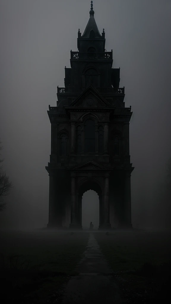 Eerie Fog: The entire scene is enveloped in a thick, creeping fog, obscuring distant details and enhancing the sense of mystery and foreboding. The fog creates ghostly silhouettes of the decaying structures.
