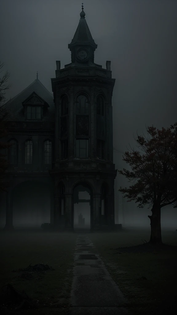 Eerie Fog: The entire scene is enveloped in a thick, creeping fog, obscuring distant details and enhancing the sense of mystery and foreboding. The fog creates ghostly silhouettes of the decaying structures.